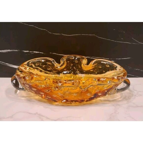 MURANO Bullicante Controlled Bubble Bowl, Amber Hand Blown Glass Décor 8"x6" EUC - Picture 6 of 15